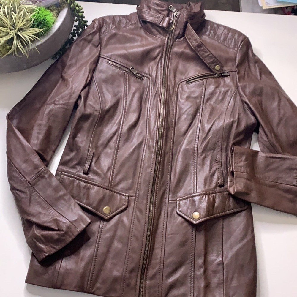 Marc New York Andrew marc chocolate brown leather high neck zip up jacket large - Picture 6 of 8